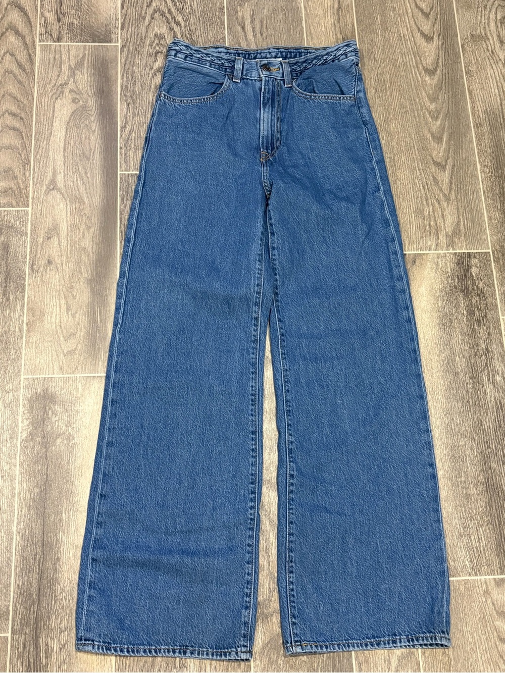 Levi’s Ribcage Wide Leg Blue Denim Jeans with Braided Waistband